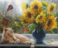 Без бренда «Подсолнухи в синей вазе возле кота» в Липецке