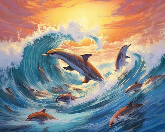 Картина по номерам 40x50 Стая дельфинов играет с волной