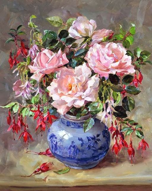 Алмазная мозаика 40x50 Букет с розовыми розами в голубой вазе