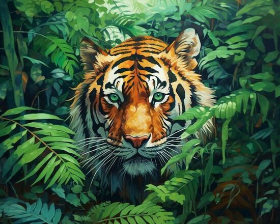Алмазная мозаика 40x50 Тигр в густых зарослях джунглей