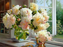 Без бренда «Ваза с букетом белых пионов у окна» в Липецке