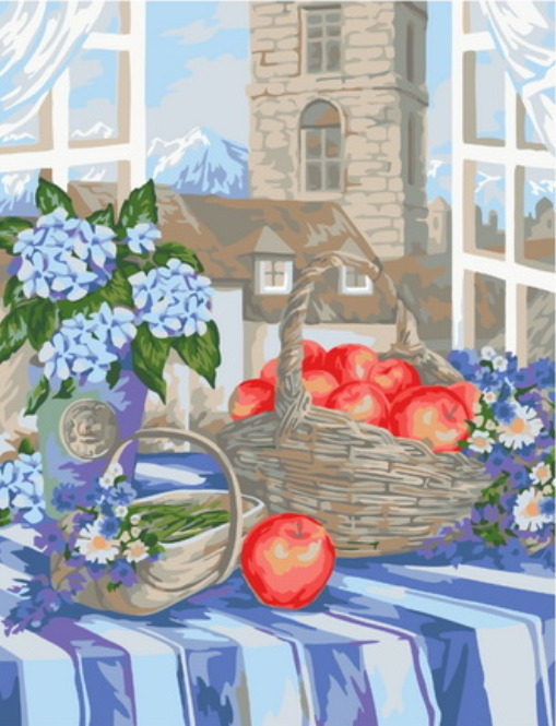 Картина по номерам 40x50 Голубые цветы и красные яблоки