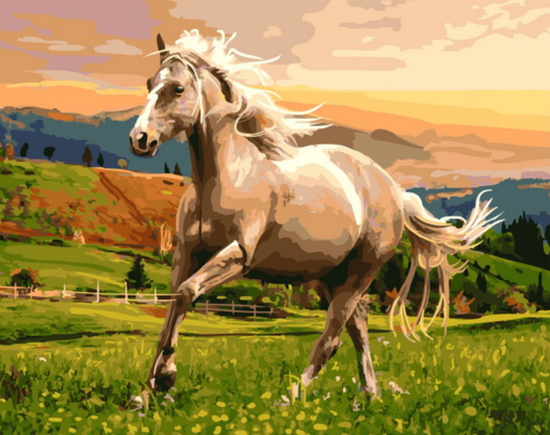 Картина по номерам 40x50 Кремовая лошадь в горной долине