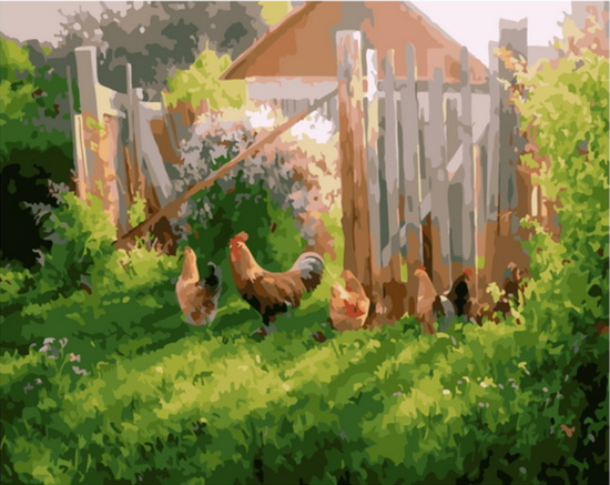 Картина по номерам 40x50 Петух и курицы возле забора