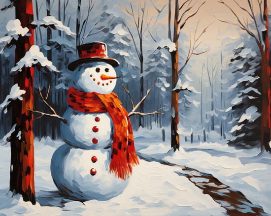 Алмазная мозаика 40x50 Снеговик в красном шарфе среди леса