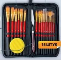 Без бренда «Коробка 50 шт.: Набор кистей для рисования в чехле, премиум набор (15 нейлоновых кистей, 1 мастихин) красные» в Липецке