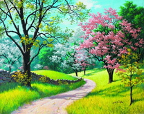 Дорога вдоль цветущих деревьев