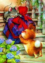 Мышка и зайчик несут подарок