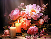 Розовые пионы и свечи на столе