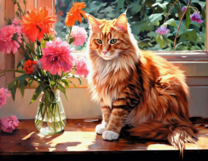 Пушистый котик и ваза с цветами на подоконнике